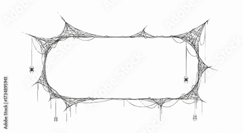 A spooky Halloween frame made of torn spiderwebs and hanging spiders, perfect for invitations, decorations, or graphic designs
