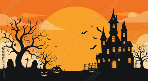 A spooky Halloween illustration featuring a silhouette of a haunted house, bats, carved pumpkins, and bare trees