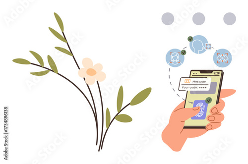 Hand holding smartphone using two-factor authentication for secure login. Floral branch enhances visual balance. Ideal for technology, security, communication, app design, data privacy, nature, user