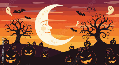 A vibrant Halloween night scene with carved jack-o'-lanterns, spooky bare trees, flying bats, and whimsical ghosts under a smiling crescent moon