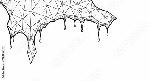 Abstract black and white geometric design featuring a melting or dripping structure with a polygonal mesh texture, ideal for modern graphic overlays