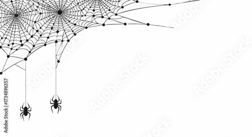 Abstract black and white illustration of a gothic spider web with dangling spiders, evoking Halloween and spooky themes