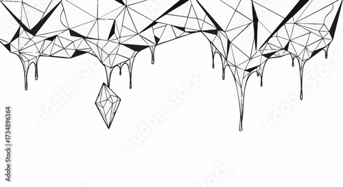 Abstract black and white geometric border design with melting polygon shapes and a hanging crystal element