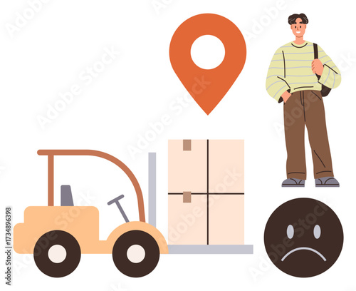 Forklift moving boxes under a location marker with a dissatisfied customer and sad face. Ideal for delivery, logistics, supply chain, customer service, dissatisfaction, transport, shipping. Simple