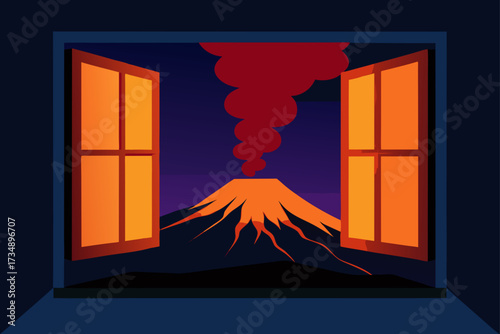 Night view of a window in a dark house wall with light shining through the glass frame