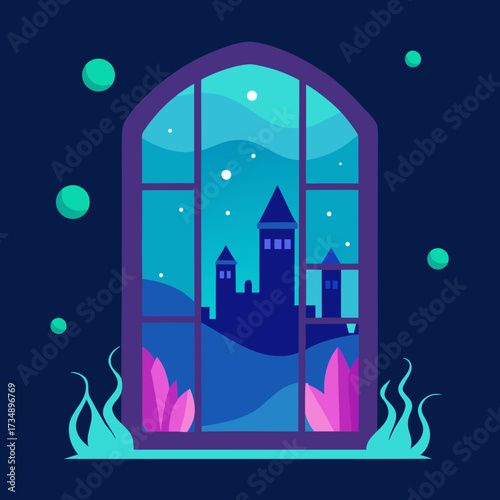 Dark night vector illustration of a city landscape featuring a spooky castle, moon, and bright stars