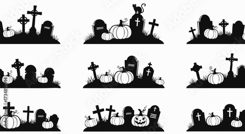 Collection of nine black and white silhouette graphics featuring spooky Halloween graveyard scenes with tombstones, crosses, and pumpkins