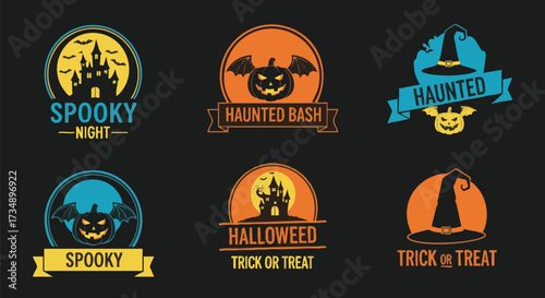 Collection of six retro vector badges and emblems for Halloween featuring spooky castles, jack-o'-lanterns, and witch hats with bold typography