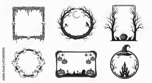 Collection of six spooky Halloween-themed frames featuring skulls, ghosts, pumpkins, a witch's hat, a haunted castle, and a cauldron with graves