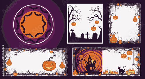 Collection of spooky Halloween frames, banners, and backgrounds featuring carved jack-o'-lanterns, bats, haunted trees, and candy corn elements