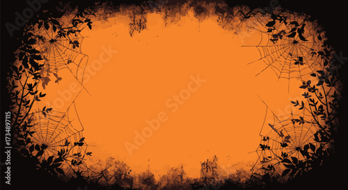 Creepy Halloween-themed vector background with cobwebs and leaves. It has an orange and black color scheme