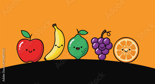 Cute and colorful cartoon fruits, including an apple, banana, lime, grapes, and orange slice, arranged in a line on an orange background