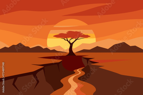 Sunset landscape of a solitary tree in the desert with mountains under an orange sky, a beautiful nature silhouette at dusk