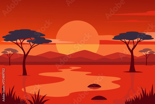 Tropical summer sunset landscape: palm tree silhouettes on the beach against an orange sky and sea