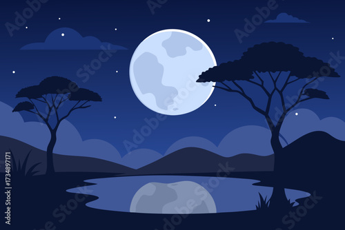 Full moon over a dark sea and night sky, casting a bright moonlight on the water and a silhouette of a tree on the beach