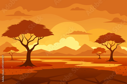 Vector landscape illustration of desert with silhouette of a tree and camel on sand dunes at sunset with orange sky and distant mountains