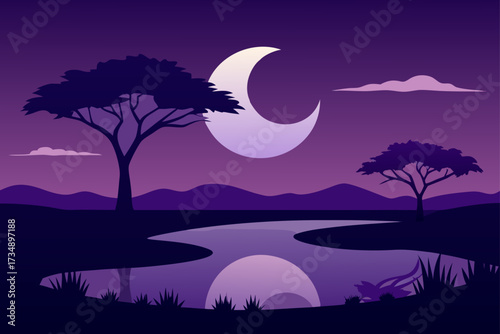 Night landscape of a full moon in the sky with stars, clouds, and a tree silhouette