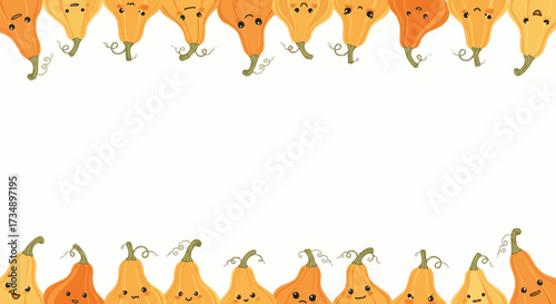 Cute cartoon butternut squash and pumpkin border illustration with varied happy and funny facial expressions for Halloween or Thanksgiving design
