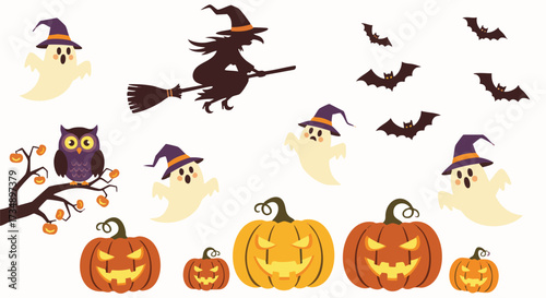 Cute Halloween elements design featuring cartoon witch on a broom, flying bats, pumpkins, ghosts with hats, and an owl on a tree branch