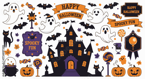 Cute Halloween icons and cliparts featuring ghosts, bats, haunted house, cats and pumpkins