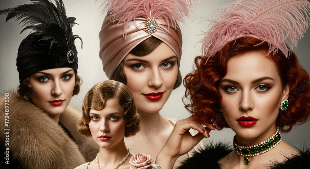 Obraz premium Four Alluring Flapper Women Twenties Style Luxury and Feathers Jazz Glamour Unveils Their Bold Retro and Fatal Seduction