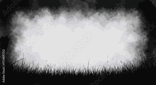 Dark, abstract, smoky border framing a bright center with silhouetted grass and barbed wire. Evokes mystery, danger, or transition