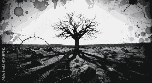Dramatic black and white illustration of a solitary, barren tree silhouette in a desolate landscape surrounded by barbed wire and grunge textures
