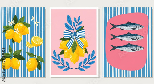 Lemon and Fish Illustrations, Kitchen Decor, Colorful Design, Contemporary Style