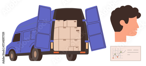 Open delivery van filled with stacked boxes, side profile of a persons head, and a data chart with rising graph. Ideal for logistics, delivery, business, supply chain, e-commerce, planning