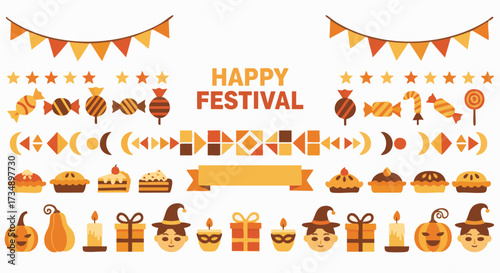 Flat icon set for autumn and harvest festivals like Halloween or Thanksgiving featuring pumpkins, pies, candy, and festive banners