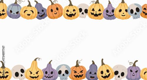 Fun cartoon border design featuring an assortment of colorful, cute, and spooky Jack O'Lanterns and glowing skulls for Halloween decoration