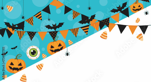 Fun cartoon Halloween banner background featuring jack-o'-lanterns, bats, spiders, candy corn, and bunting flags with copy space