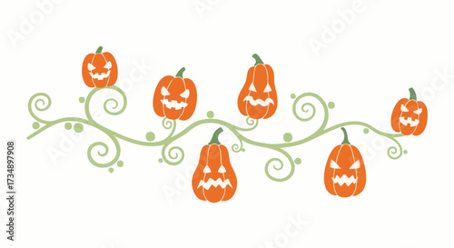 Graphic Halloween border illustration with six cheerful jack-o'-lanterns on a swirling green vine