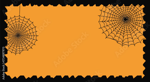 Halloween border with two black spiderwebs on an orange background with a jagged black edge