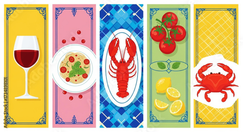 Wine, Lobster, and Crab Dishes in a Vibrant Culinary Display
