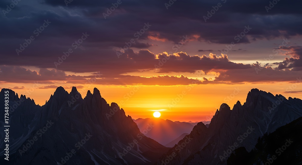Naklejka premium Dramatic sunset over mountain range with vibrant sky and silhouettes