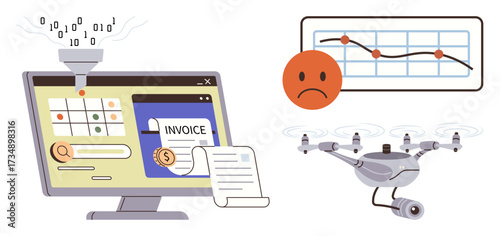 Data processing funnel, invoice on screen, surveillance quadcopter, chart with a downturn. Ideal for business data, automation, financial tech, analytics security workflow tech concepts. Simple flat