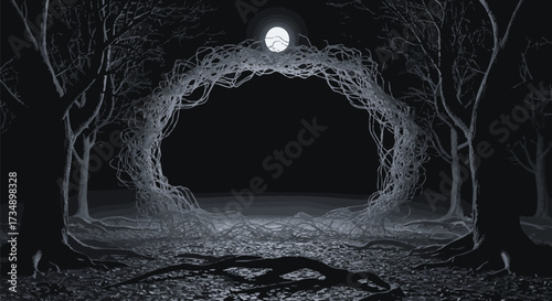 Illustration of a mysterious forest scene at night. A full moon illuminates a clearing framed by gnarled tree branches