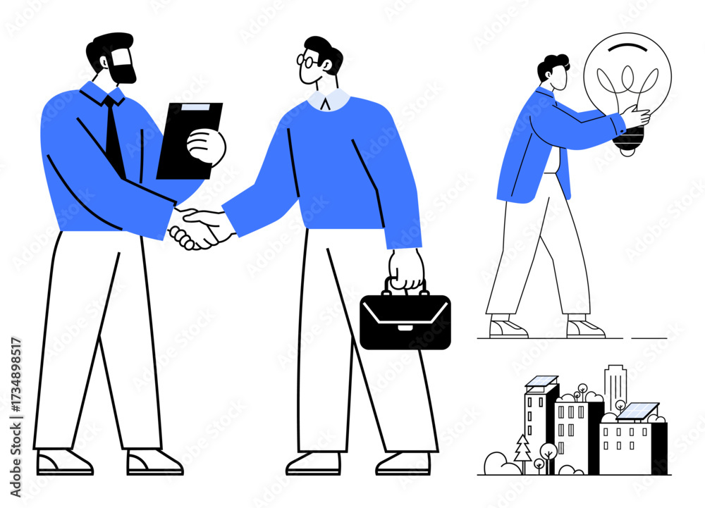 custom made wallpaper toronto digitalProfessionals shaking hands, carrying briefcases, and sharing ideas with a light bulb alongside urban buildings. Ideal for teamwork, partnerships, innovation, entrepreneurship, urban planning