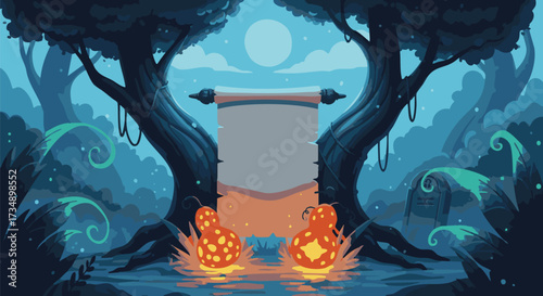 Mystical forest scene with glowing gourds and a hanging scroll under a full moon, perfect for fantasy stories and whimsical designs