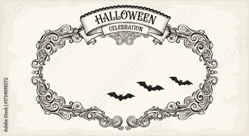 Ornate vintage Halloween celebration frame with decorative filigree and flying bats