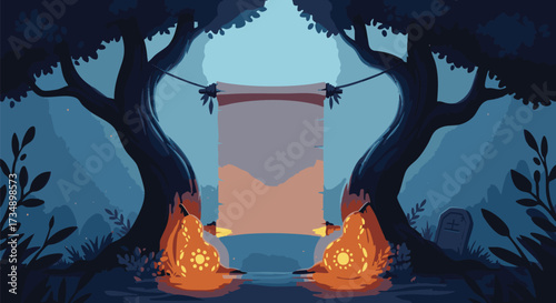 Mysterious nighttime forest scene featuring glowing jack-o'-lanterns, a hanging blank scroll banner, and a small tombstone for spooky ambiance
