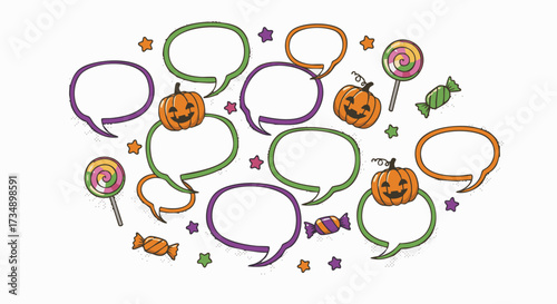 Playful Halloween cartoon illustration featuring multiple blank speech bubbles, jack-o'-lanterns, lollipops, and candies