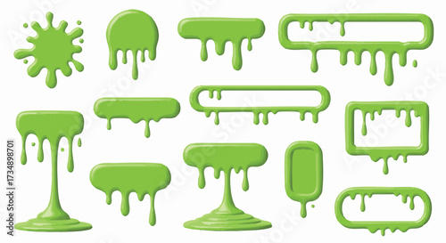 Set of vibrant neon green slime shapes and dripping borders for banners, splatters, and sticky text backgrounds. Great for Halloween or fun designs