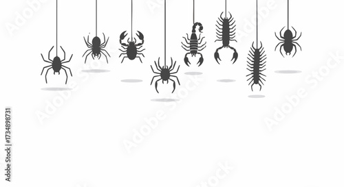 Silhouette illustration of various bugs hanging on strings. The insects include spiders, scorpions, and centipedes