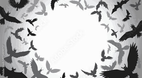 Silhouettes of bats and birds flying in a circular pattern against a gradient sky. This eerie scene evokes Halloween and mystery