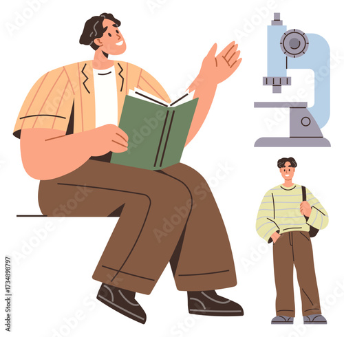 Man sitting with a book and gesturing, microscope as scientific element, student figure. Ideal for science, education, learning, research, school life study concepts knowledge. Clear flat metaphor