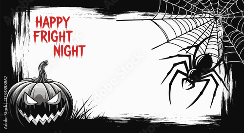 Spooky Halloween background with a grinning jack-o'-lantern, spider, and web. Red "HAPPY FRIGHT NIGHT" text