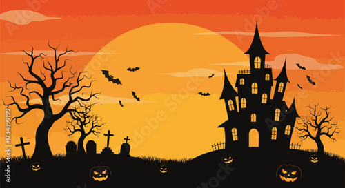 Spooky Halloween scene silhouette featuring a haunted mansion, barren trees, graves, and flying bats against a dramatic orange full moon sunset background