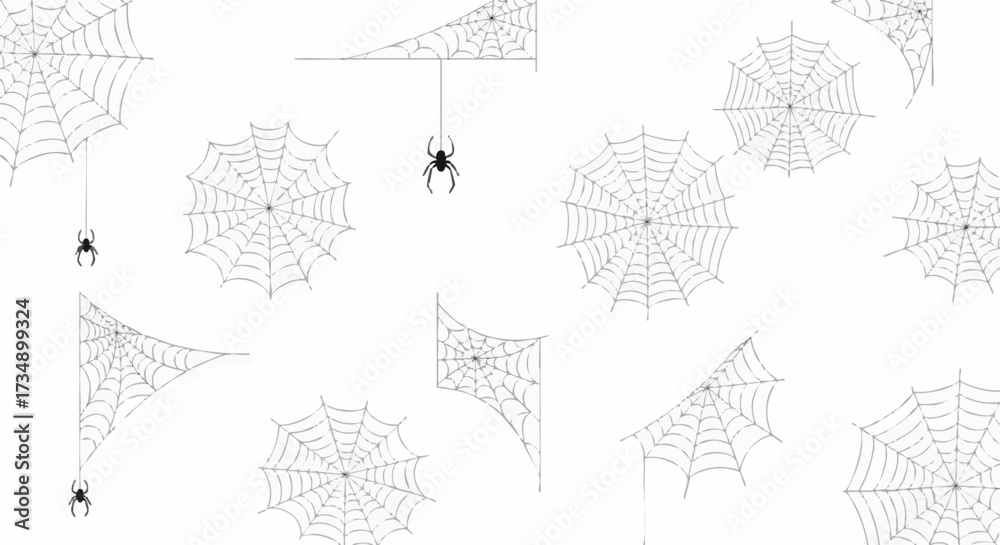 Obraz premium Spooky seamless pattern featuring scattered spider webs and dangling black spiders on a pure white background